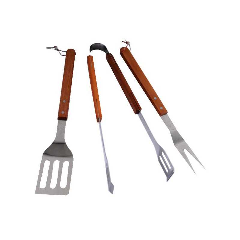 3 Ustensiles pour barbecue pince spatule et fourchette en bois inox