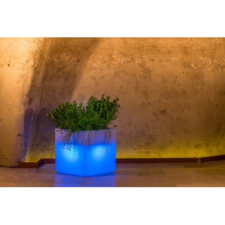Vaso luminoso moderno di design 40x40 H40 in polimero resistente con LED blu per interno ed esterno - Made in Italy - Monacis
