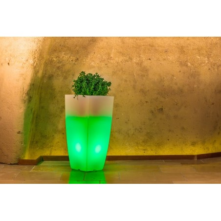 Vaso luminoso alto moderno di design 39x39 H90 in polimero resistente con LED verde per interno ed esterno - Made in Italy - Monacis