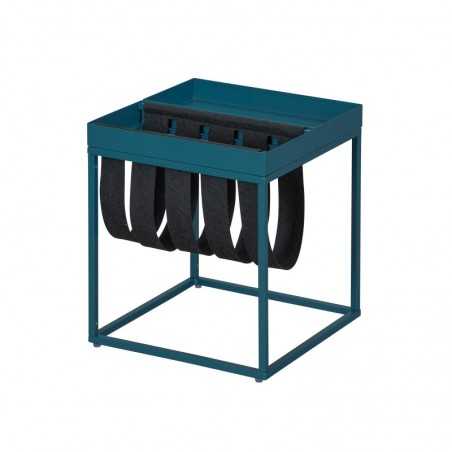 Table basse Inter Link 35x35x40cm en métal peint bleu/noir avec porte-revues en laine bouillie