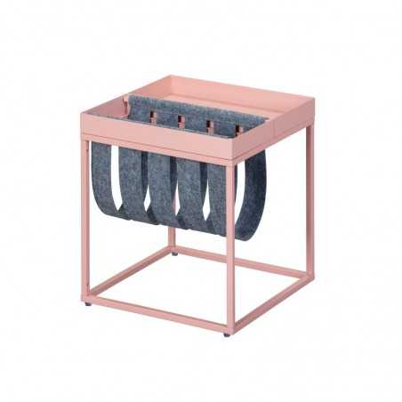 Inter Link coffee table 35x35x40cm in pink/grey painted metal with magazine rack in boiled wool
