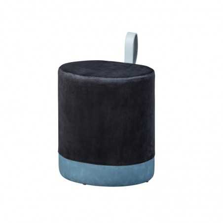 Inter Link pouf in black and light blue velvet with eco-leather handle