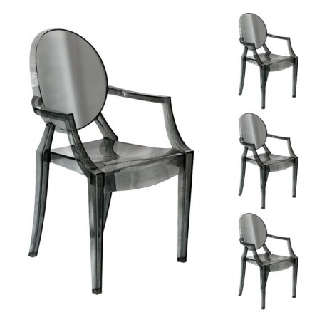 Set of 4 Transparent Fume Gray Chairs in Polycarbonate with Armrests Modern Design for Indoor Dining Room Elizabet