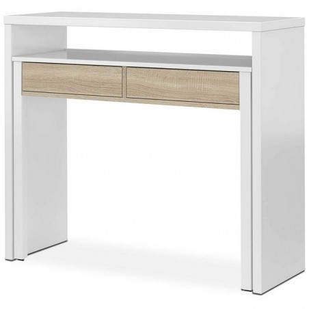 Desk Extendable Console Table with 2 Drawers L 99X 36-70 X 88H White and Oak