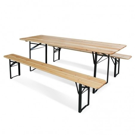 Foldable Wooden Beer Garden Set with 1 Table and 2 Benches 220X70 Cm