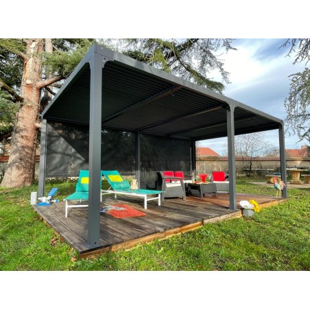 Pergola Bioclimatique 360X600cm en Aluminium XXL, avec 2 Rideaux Gris Anthracite de 6,0m de Côté, avec Mouvement Manuel