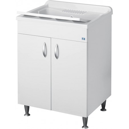 Lavatoio con mobile, lavapanni bianco in nobilitato idrofugo da interno 60x60 cm – idrofugo W100 e vasca acidi – piedini satinati – Negrari