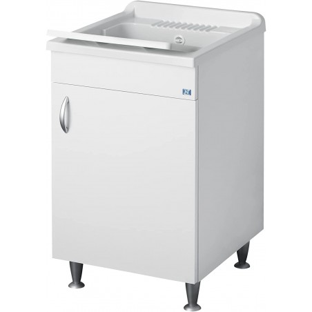 Lavatoio con mobile, lavapanni bianco in nobilitato idrofugo con vasca 50x50 cm resistente agli acidi comuni con asse di lavaggio – mobile salvaspazio da interno – Negrari
