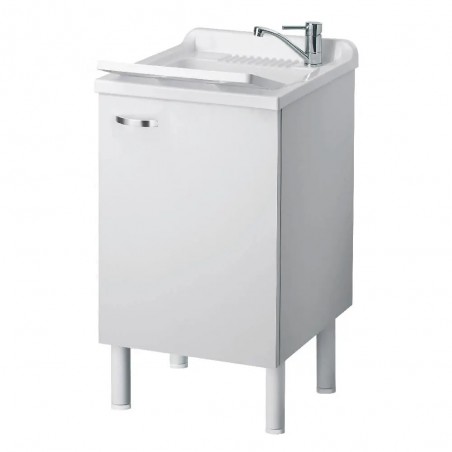 Lavatoio con mobile, lavapanni bianco in nobilitato idrofugo 50x50 cm con asse lavapanni e piedini bassi – mobile compatto maniglia cromata – Negrari