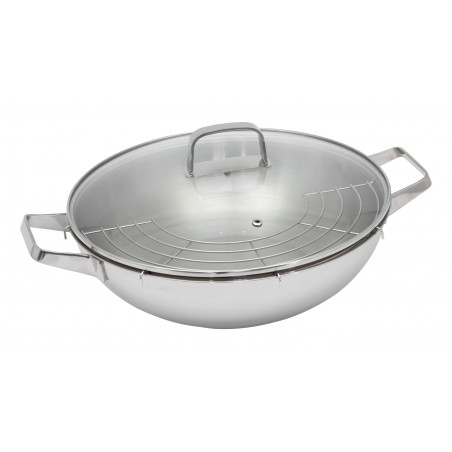 Wok con Coperchio Vetro Diam. 32 Cm Acciaio Inox Grigio Lucido