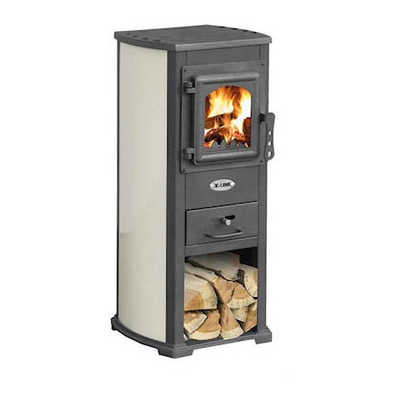 Stufa a Legna in Acciaio e Ghisa con Portalegna K-Line Karma Beige 6,6 KW