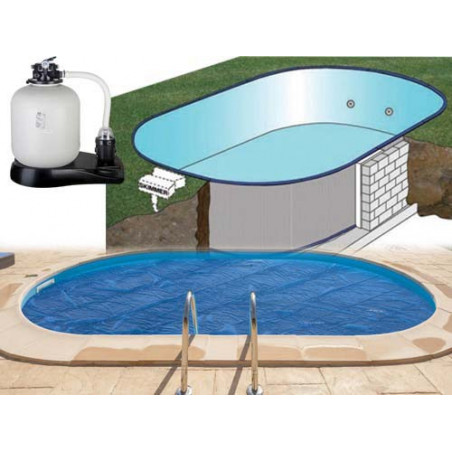 Piscina interrata ovale in acciaio con filtro a sabbia e skimmer, 700x320x150 cm per installazione giardino - GRE