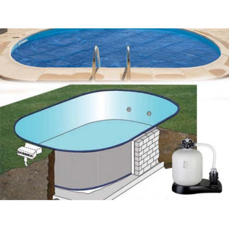 Piscina interrata ovale in acciaio con filtro a sabbia e skimmer, 800x400x150 cm per installazione giardino - GRE