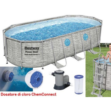 Piscina fuori terra ovale effetto rattan con oblò laterali, 549x274x122 cm con pompa filtro scaletta e copertura - Bestway