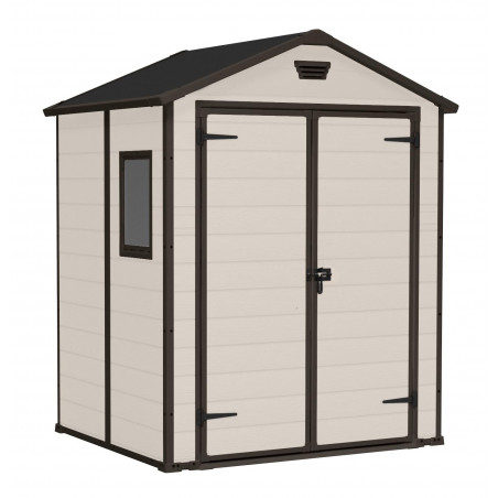 Casetta da giardino in resina effetto legno 185x152 cm - pavimento e doppia porta, porta lucchettabile - Beige – Keter