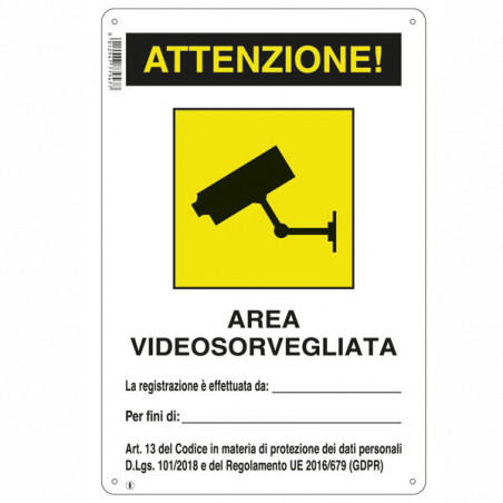 Cartello Area Videosorvegliata 20X 30 Alluminio