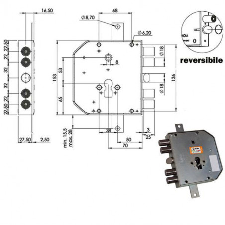 Serratura Sic.Triplice Sx Cil. E73 Rte654/220 Moia