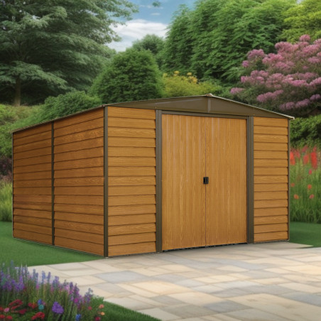 Casetta da Giardino Arrow Woodridge in Metallo Simil Legno 310x240 con Porta Scorrevole