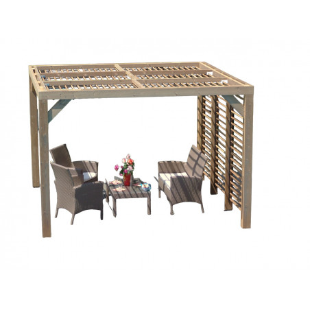 Pergola in Legno Trattato 341x313 H217 con Veneziane Mobili Su Tetto e Pareti