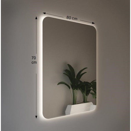 Specchio da Parete Retroilluminato a LED 80X70 spessore 4 mm,cm con Angoli Arrotondati 7mm