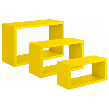 Set di 3 Mensole da Muro, Libreria Sospesa, Libreria Parete, Scaffale Parete, Giallo Canarino, 45x27 p15,5 cm, 40x22 p15,5 cm e 35x17 p15,5 cm - Trittico