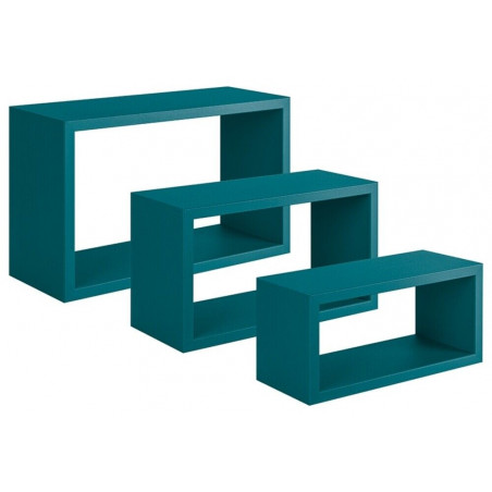 Set di 3 Mensole da Muro, Libreria Sospesa, Libreria Parete, Scaffale Parete, Blu Atollo, 45x27 p15,5 cm, 40x22 p15,5 cm e 35x17 p15,5 cm - Trittico