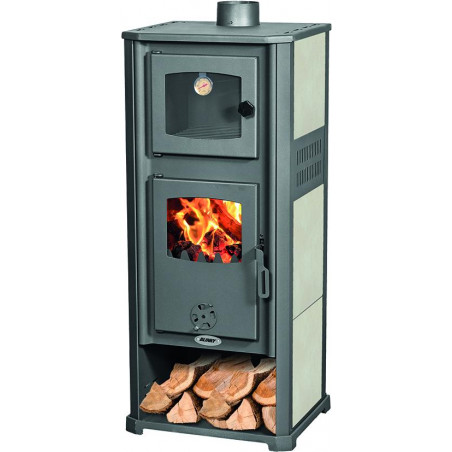 Stufa a Legna con Forno ROMA S Blinky 11,3 kW in Acciaio e Ceramica, Avorio, Porta in Vetro, Ø Tubo 12 cm, 49x46x116 cm