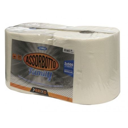 Carta Asciugamani Assorbotto Family 2 Rotoli – 1000 Strappi, 2 Veli, Alta Assorbenza per Uso Domestico e Professionale - Brixo