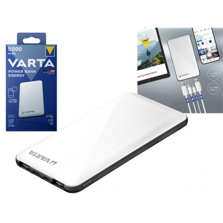 Power Bank Varta Energy 5000 mAh – 3 uscite – USB-C e Micro-USB – Design compatto