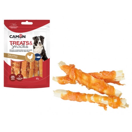 Snack Camon Rolls pollo e pesce 80g (14 pz) – Pelle bovina arrotolata con pollo e pesce, senza additivi