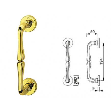 Maniglione per porta – M439/42 – Ottone lucido con rosette, L 235 mm – Hoppe