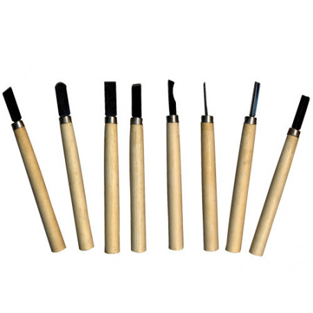 Set 8 sgorbie mini per legno Brixo – manico in legno – intaglio di precisione