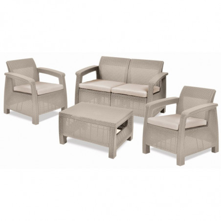 Set salotto da giardino 4 posti in resina effetto rattan – Divano, poltrone e tavolino – Keter Corfu cappuccino