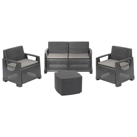Set salotto da giardino 4 posti in resina effetto rattan – Divano, poltrone e tavolino – Bellagio antracite