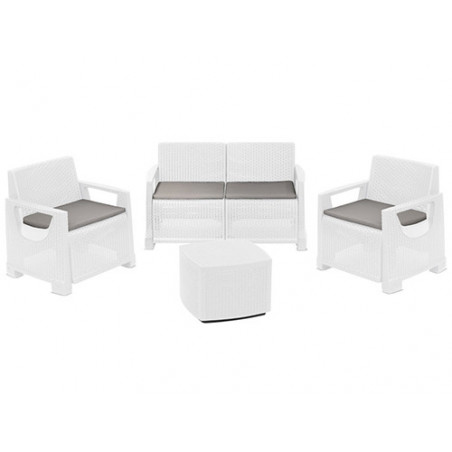 Set salotto da giardino 4 posti in resina effetto rattan – Divano, poltrone e tavolino – Bellagio bianco