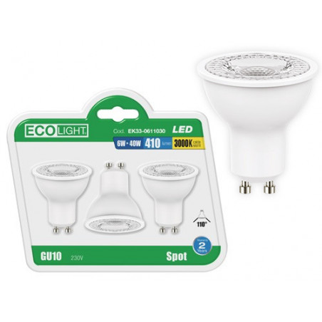 Lampadine LED GU10 6 W caldo 120° – 400 lm – Cof. 3 pz – Ecolight