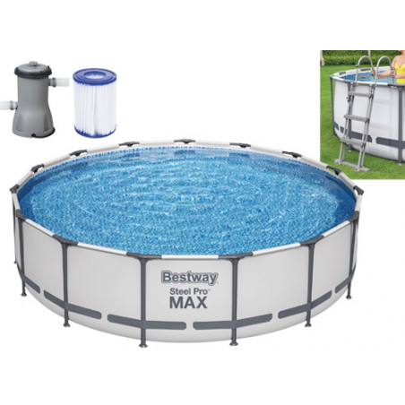 Piscina fuori terra rotonda con telaio in acciaio e pompa filtro, diametro 457 cm altezza 107 cm con scaletta e copertura