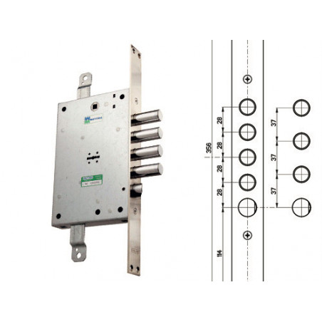 Serratura per porta blindata destra triplice (interasse 28 mm, argento) – 4 mandate – Mottura