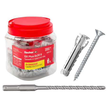 Tasselli SX Plus 6S – 6×30 mm 200 pz con vite – Fischer
