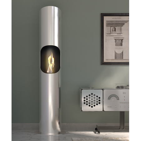 Biocamino pavimento Portofino Acciaio 1,8 kW – struttura inox, altezza 180 cm, design alto – Tecno Air System