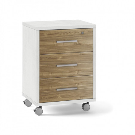 Cassettiera con Ruote, 3 cassetti 51L x 41P x h71 – Finitura Bianco Opaco e Legno Noce – Sarmog