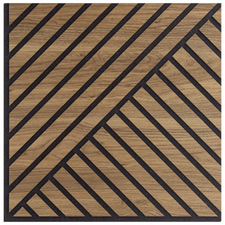 Set di Cinque Pannelli Decorativi Murali, Fonoassorbenti a Listelli Obliqui Doppio in Legno, Noce Asia, 55x55 p1,1 cm - Hoogapanel