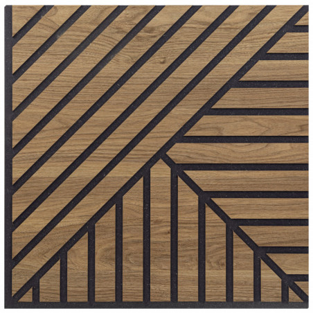 Pannello Singolo Decorativo Murale, Fonoassorbente a Listelli Obliqui Tris in Legno, Noce Asia, 55x55 p1,1 cm - Hoogapanel