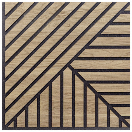 Set di Tre Pannelli Decorativi Murali, Fonoassorbenti a Listelli Obliqui Tris in Legno, Rovere Aurora, 55x55 p1,1 cm - Hoogapanel
