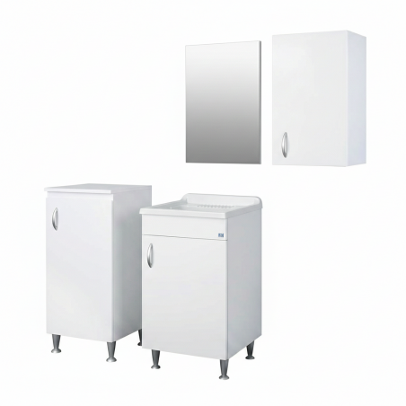Mobile lavanderia in nobilitato idrofugo con lavatoio 45x50, base, pensile e specchio 45x60 – Bianco – Negrari