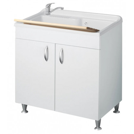 Lavatoio con mobile, lavapanni bianco in nobilitato idrofugo da interno 80x50 cm resistente agli acidi comuni – W100 con vasca termoformata – asse in legno – Negrari
