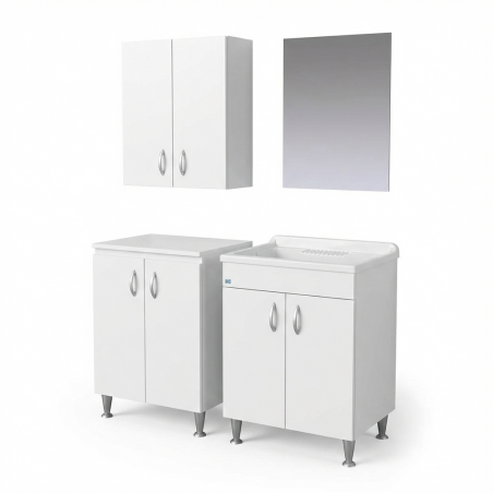 Mobile lavanderia con lavatoio in nobilitato idrofugo 60x50, base 2 ante, pensile e specchio 45x60 – Bianco – Negrari