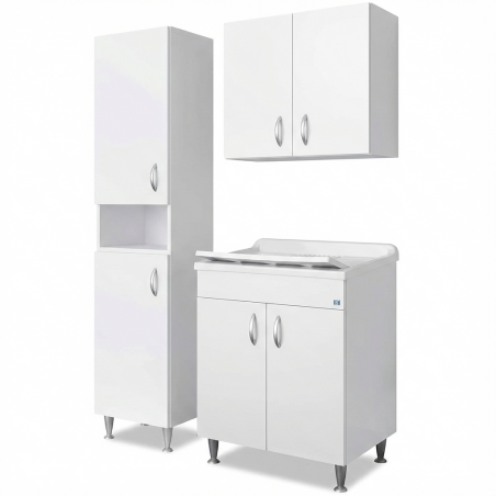 Mobile lavanderia lavatoio in nobilitato idrofugo – Lavatoio 60x50 con colonna e pensile 2 ante – Bianco da interno – Negrari
