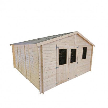 Casetta in legno da giardino 396x494 cm – Pareti 25 mm – Porta doppia finestrata – Tetto OSB – Abete naturale