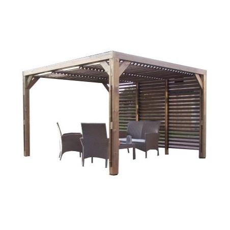 Pergola da giardino in legno 341x313 cm – Tettoia con tetto e parete a veneziane orientabili – Viti inox – THO3531VTI Foresta